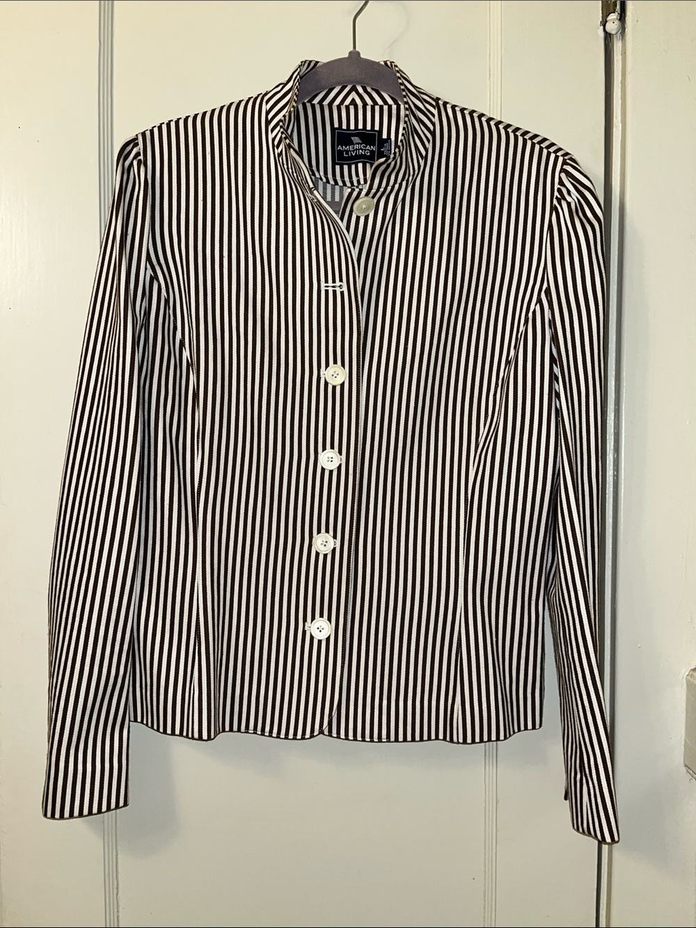 American Living Brown and White Vertical Stripe Button Jacket